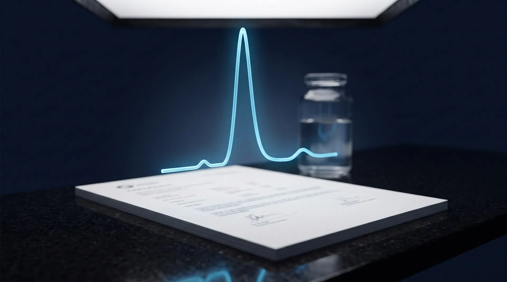 Certificado de análisis con curva de cromatograma HPLC luminosa y pico de alta pureza